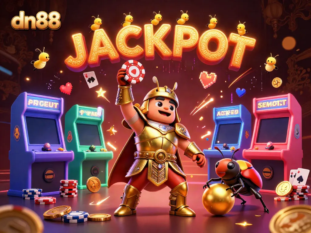 Experience the excitement of winning at dn88 with a lively scene of a victorious beetle and vibrant casino elements.