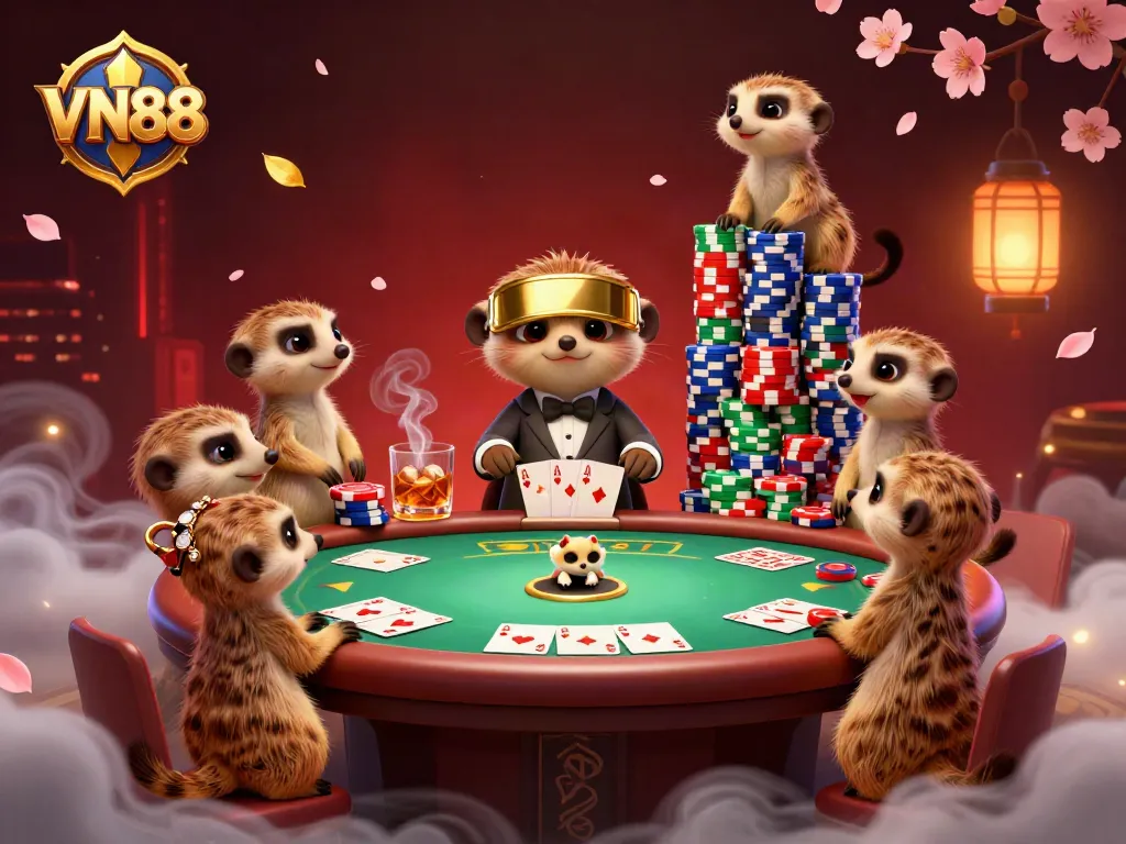 Experience the energetic VN88 casino ambiance with meerkats managing games and sneaking chips in a vibrant scene.