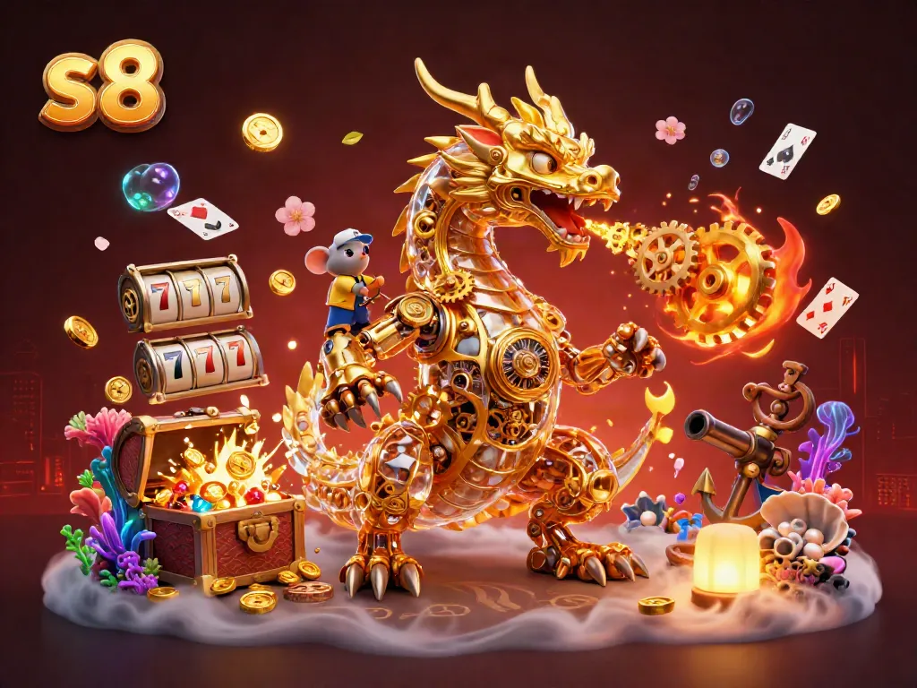 Experience the thrill of s8 gaming with a golden dragon and slot elements in an energetic casino scene.