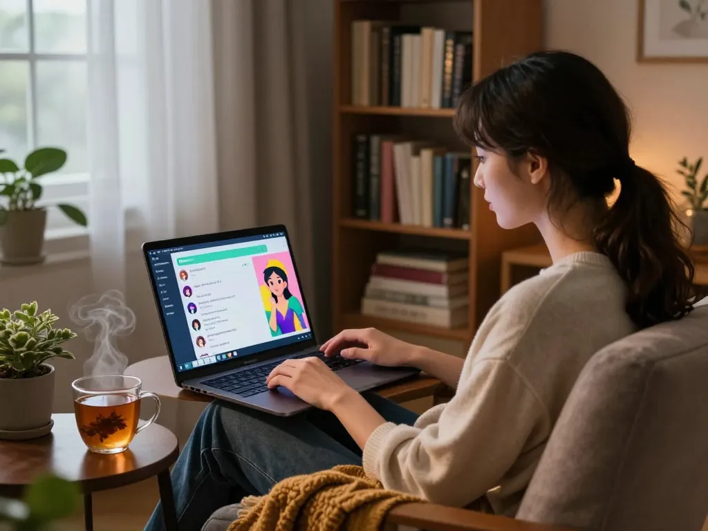 Engaging in free AI sex chat in cozy home office setting.