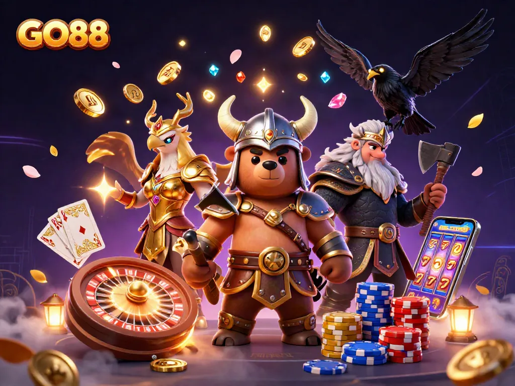 Experience GO88's thrilling game atmosphere with intricate 3D characters and vibrant casino elements.