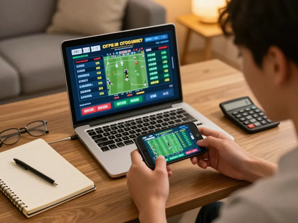 SOCOLIVE user excitedly placing a sports bet on smartphone while reviewing odds on laptop.