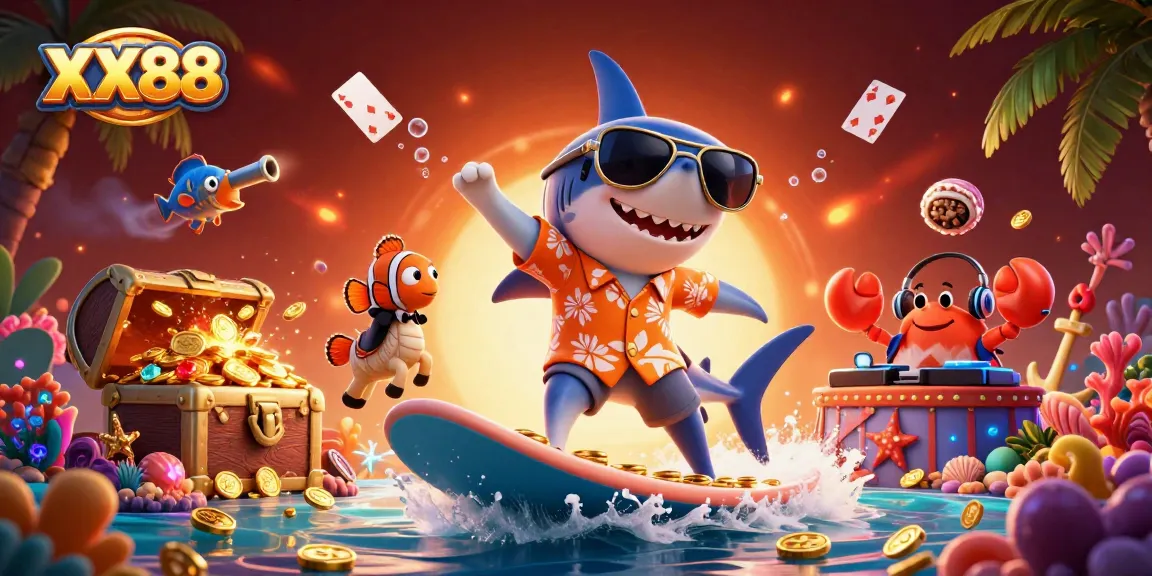 Exciting casino adventure with XX88 featuring a cartoon shark, clownfish, and crab in a vibrant underwater scene.