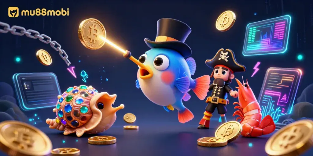 Engage with mu88mobi's thrilling underwater gambling adventure featuring illuminated coins, NFTs, and vibrant sea creatures.