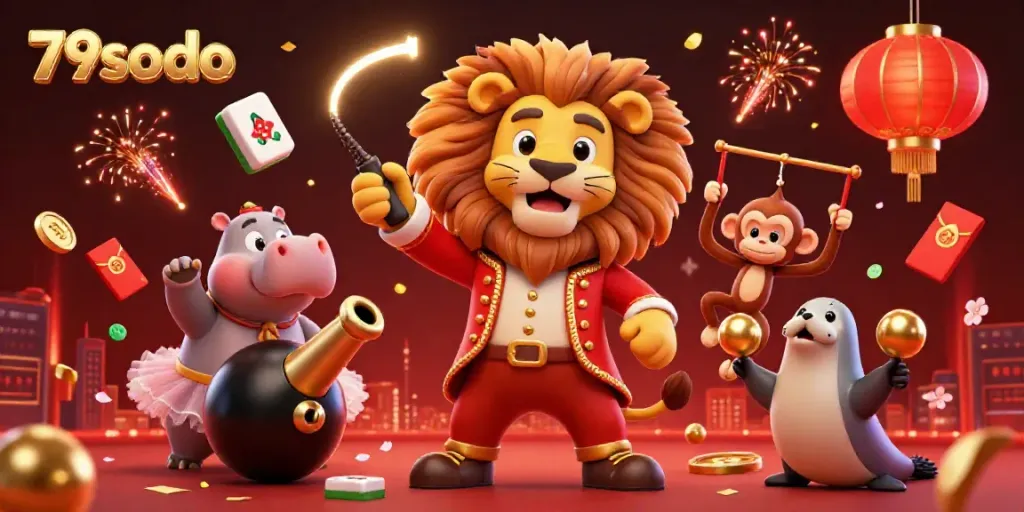 Engage in thrilling casino adventures with 79sodo featuring lively characters and festive elements in a vibrant scene.