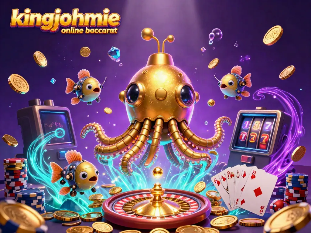 Experience kingjohnnie online baccarat with vibrant golden coins, roulette, and a dynamic robotic scene.