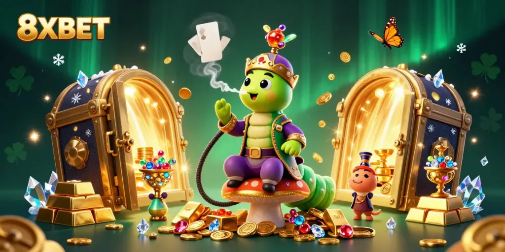 Experience thrilling wins with 8XBET in a vibrant 3D casino illustration filled with gems and gold.