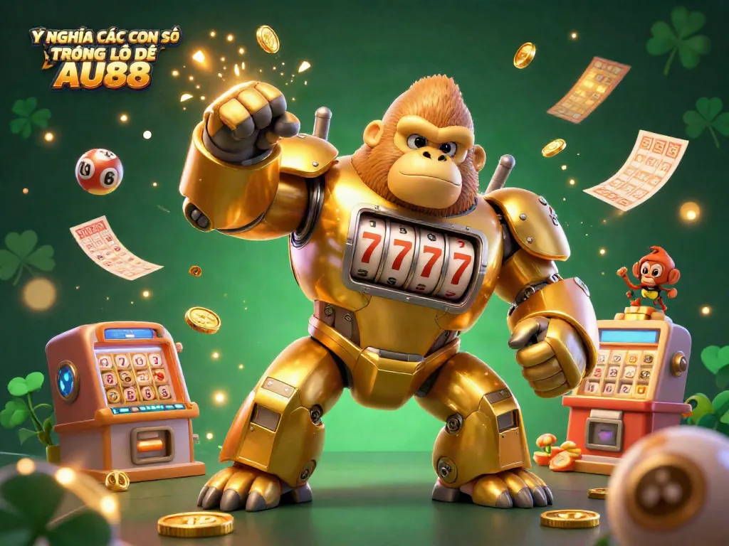 Explore the exciting world of Ý NGHĨA CÁC CON SỐ TRONG LÔ ĐỀ AU88 with a vibrant 3D illustration of a golden gorilla mech and lottery elements.