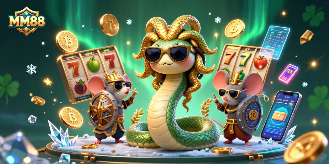 Play slot games at MM88 with a vibrant scene featuring characters and golden casino elements.