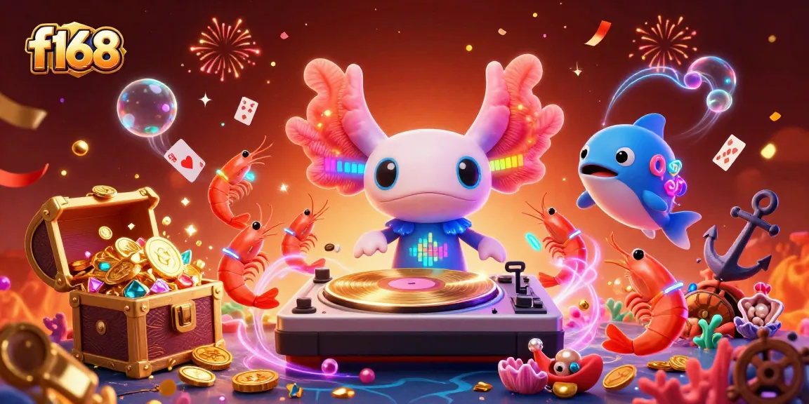 Engage with f168's vibrant undersea casino scene featuring dancing creatures and treasure.