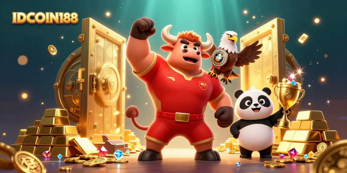 IDCOIN188 features a vibrant 3D scene with cartoon characters winning big in a thrilling casino environment.