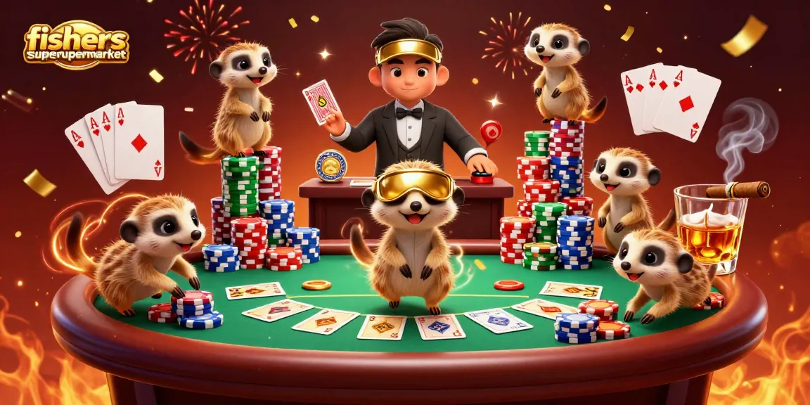 Engage in thrilling gameplay at fishersupermarket's animated casino with meerkats, colorful poker chips, and festive confetti.