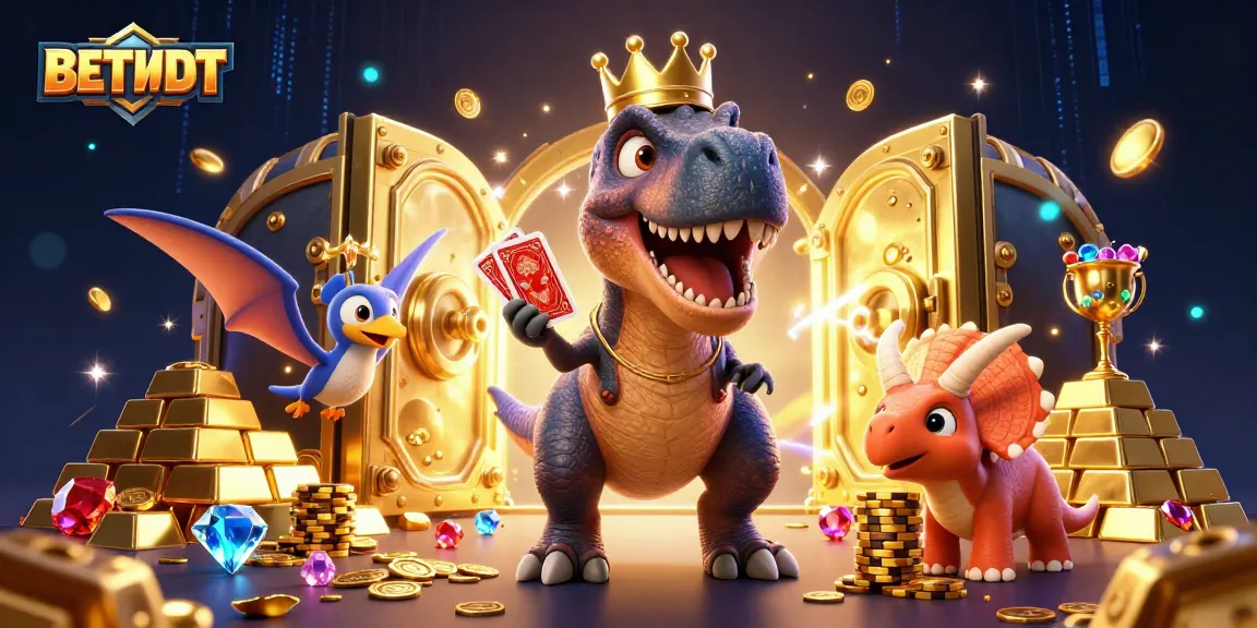 Win big with BETBDT in this vibrant, dynamic casino scene featuring colorful characters and treasures.
