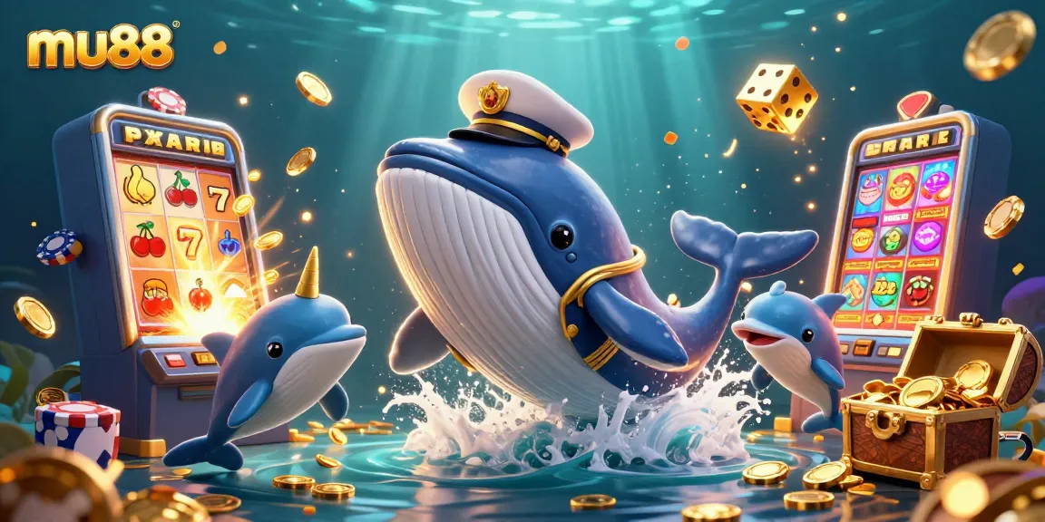 Experience the thrilling mu88 jackpot with vibrant casino elements and playful marine characters!