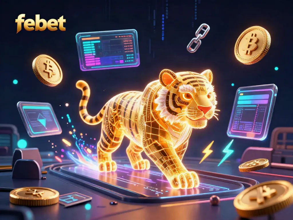 Engage with febet’s dynamic online casino world in a vibrant 3D scene featuring a neon tiger and cryptocurrency elements.