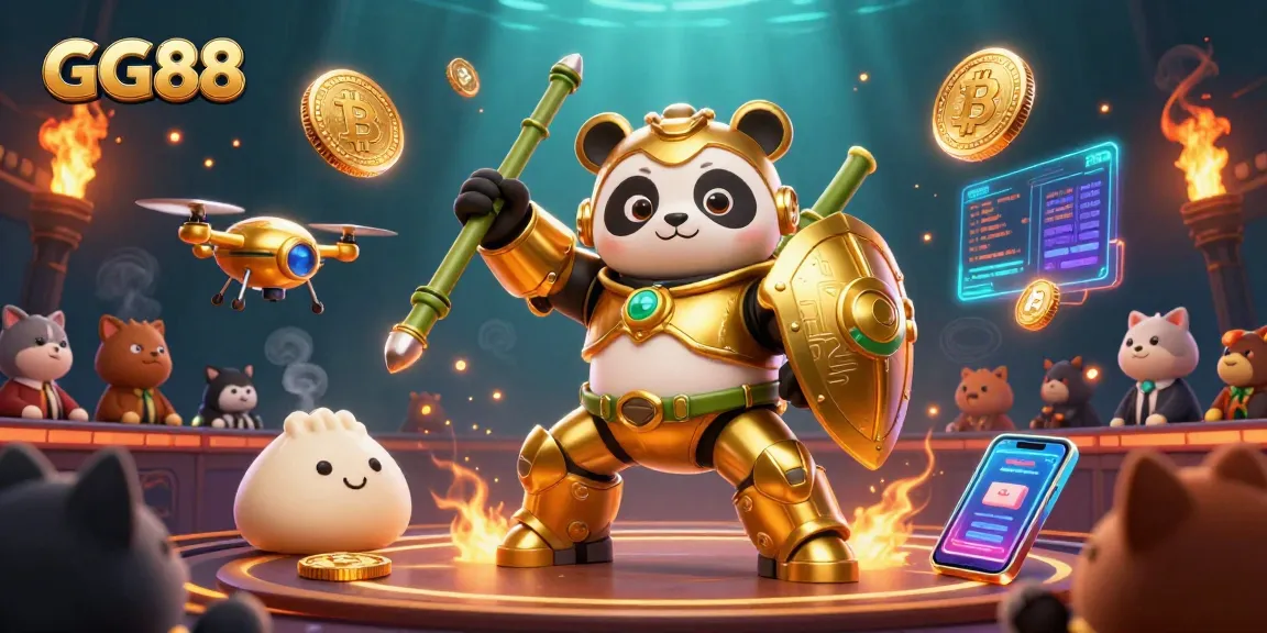 Engage with GG88’s dynamic casino environment featuring a golden panda mech and crypto elements.