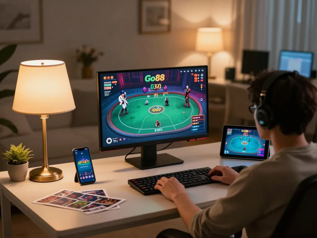 Player engaged in a Go88 poker game on laptop, showcasing modern online gambling.