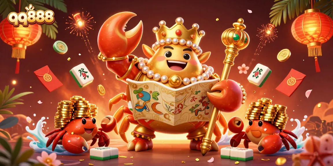 Experience winning moments with qq888's immersive gaming scene, featuring a golden crab emperor and treasure.