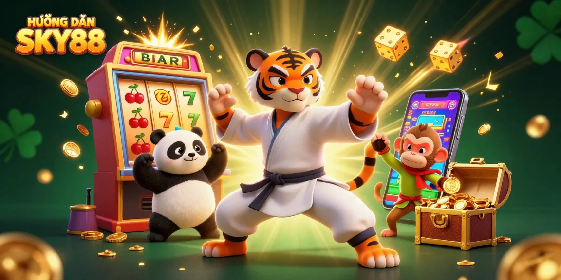 Engage with HƯỚNG DẪN SKY88 through this vibrant 3D casino scene featuring iconic game elements.