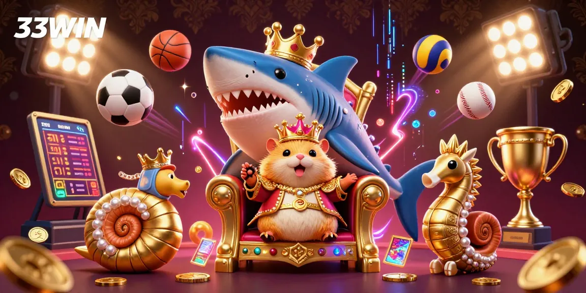 Experience thrilling gambling with the 33WIN golden hamster king and sports betting elements in a vibrant scene.