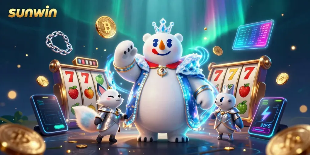 Experience the thrill of sunwin with a captivating casino scene featuring a polar bear and snow fox amidst dynamic slot reels.