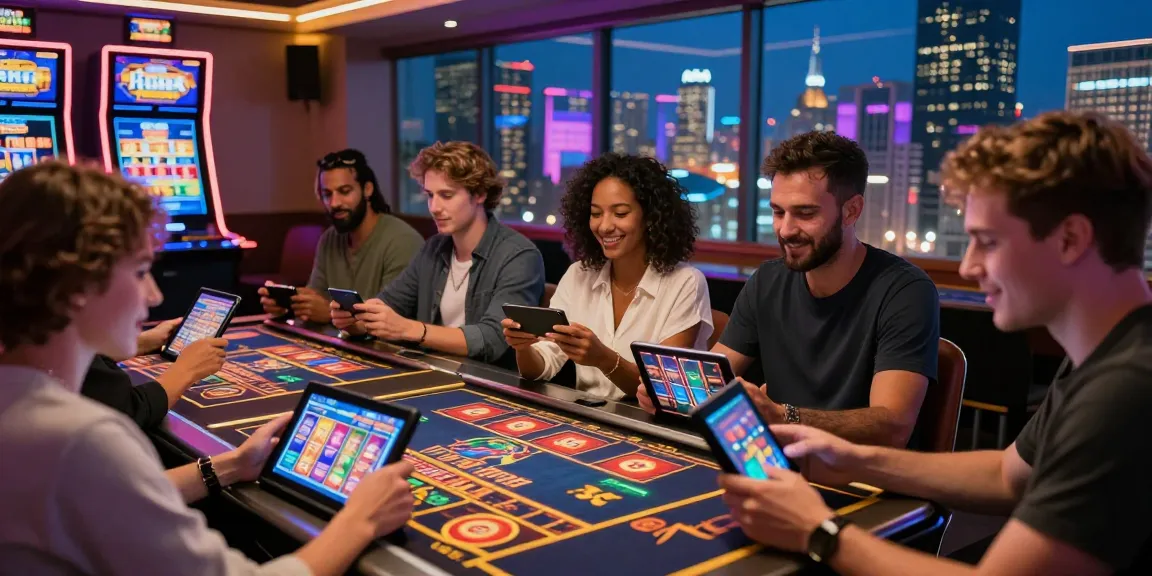 Giocatori che si divertono con giochi entusiasmanti nei casino non AAMS con display digitali vivaci e un skyline futuristico.