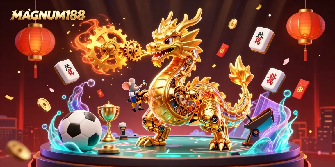 Bet on MAGNUM188 with engaging visuals of sports betting elements and a golden dragon.