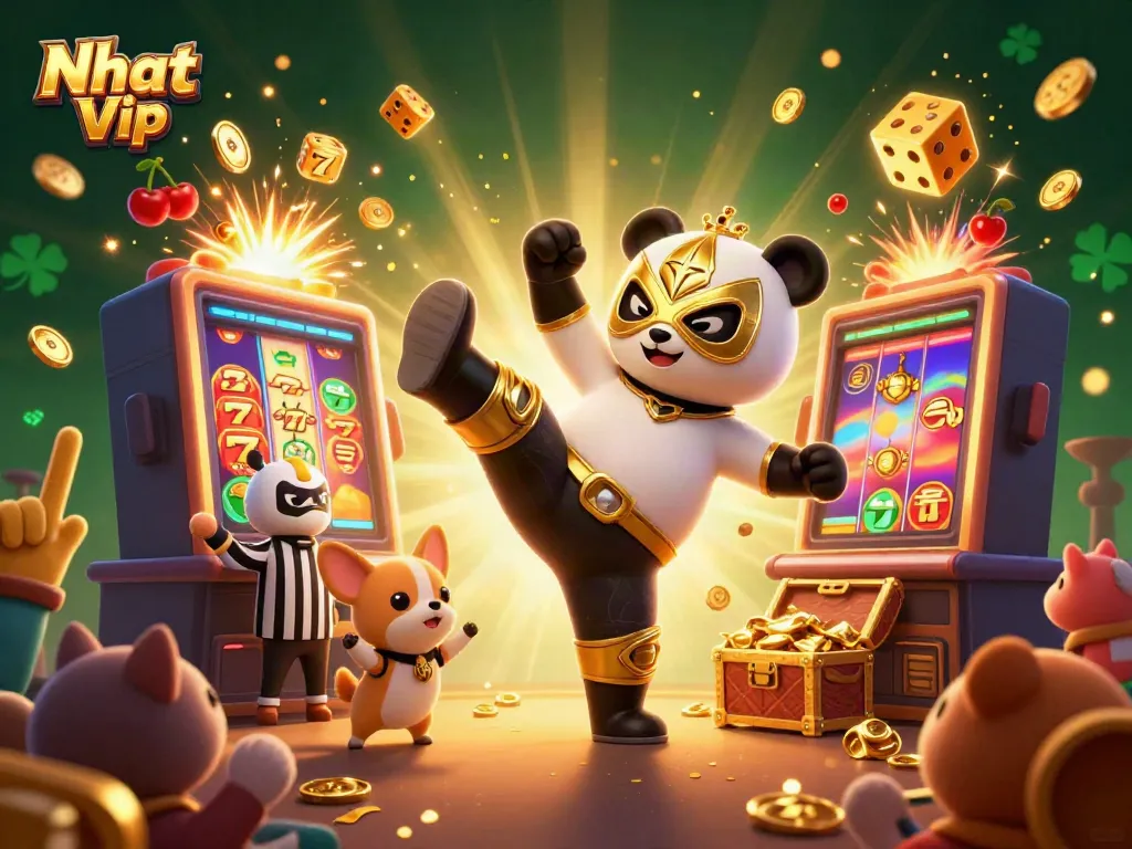 Nhat Vip jackpot celebration featuring panda wrestler and chihuahua ref amidst vibrant casino game elements