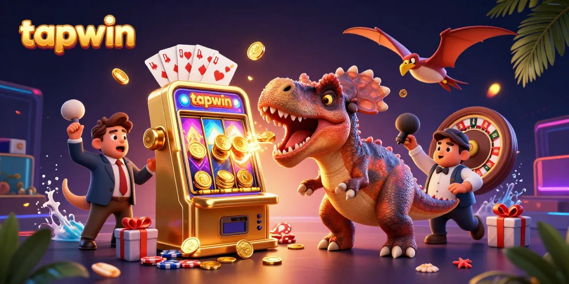 Engage with tapwin's thrilling features as a dinosaur headbutts a golden slot machine for jackpot coins.