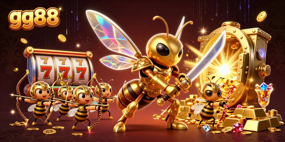 gg88 players embark on an adventurous slot journey with a golden hornet and treasure.