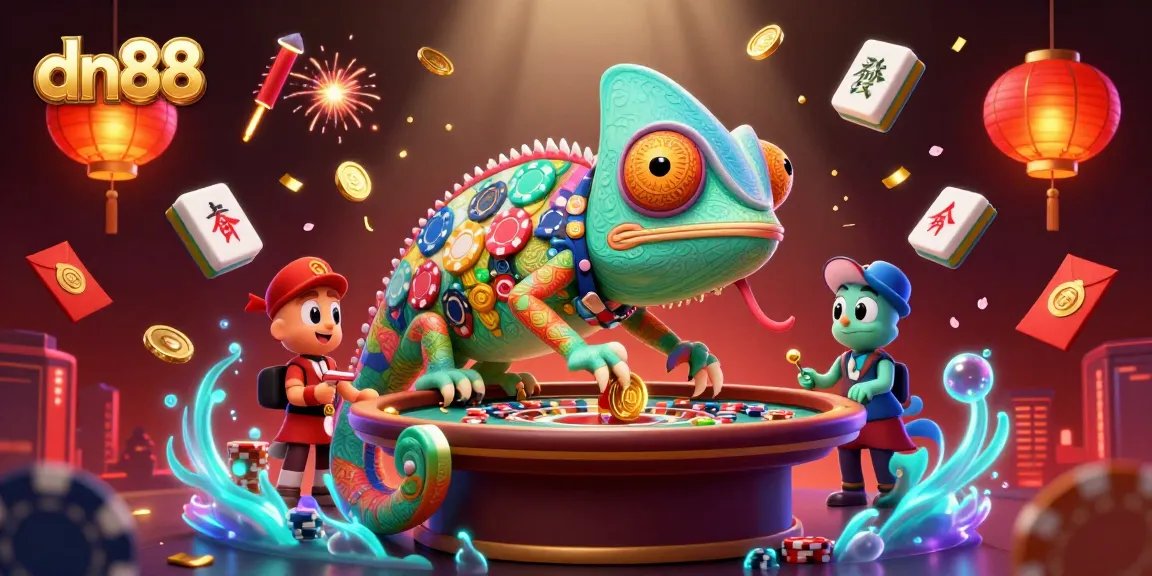 Experience thrilling games at dn88 with a vibrant scene showcasing a chameleon owner eagerly snapping coins and coins