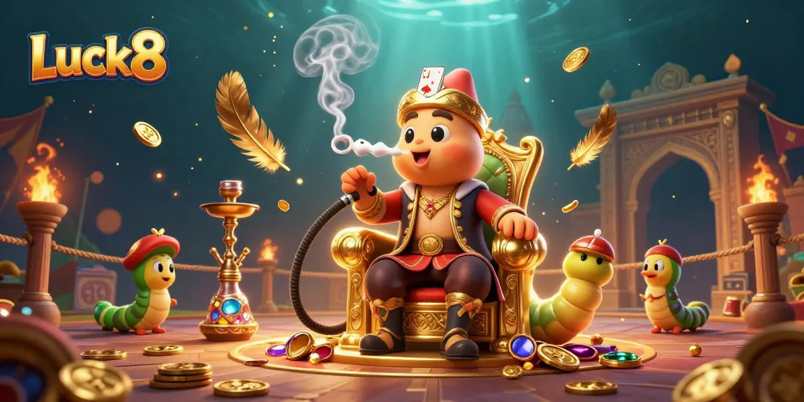 Engage with the Luck8 casino experience featuring vibrant 3D art of a hookah-master with poker symbols.