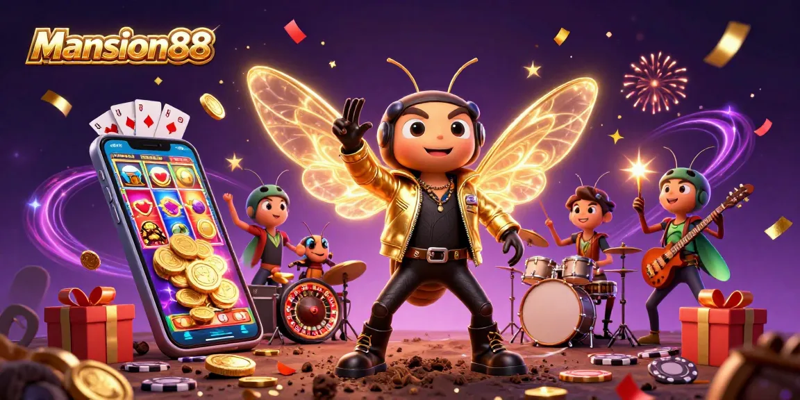Mansion88 logo shines as a vibrant casino scene unfolds with a cicada rock star and festive gaming elements.