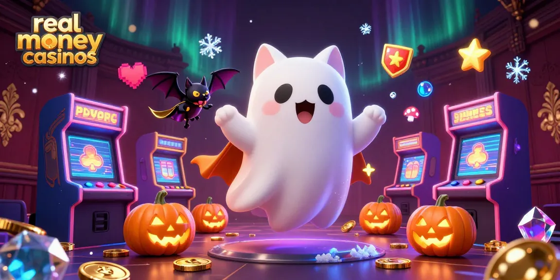 Engage with real money casinos featuring a friendly ghost cat and vampire bat in a haunted scene.