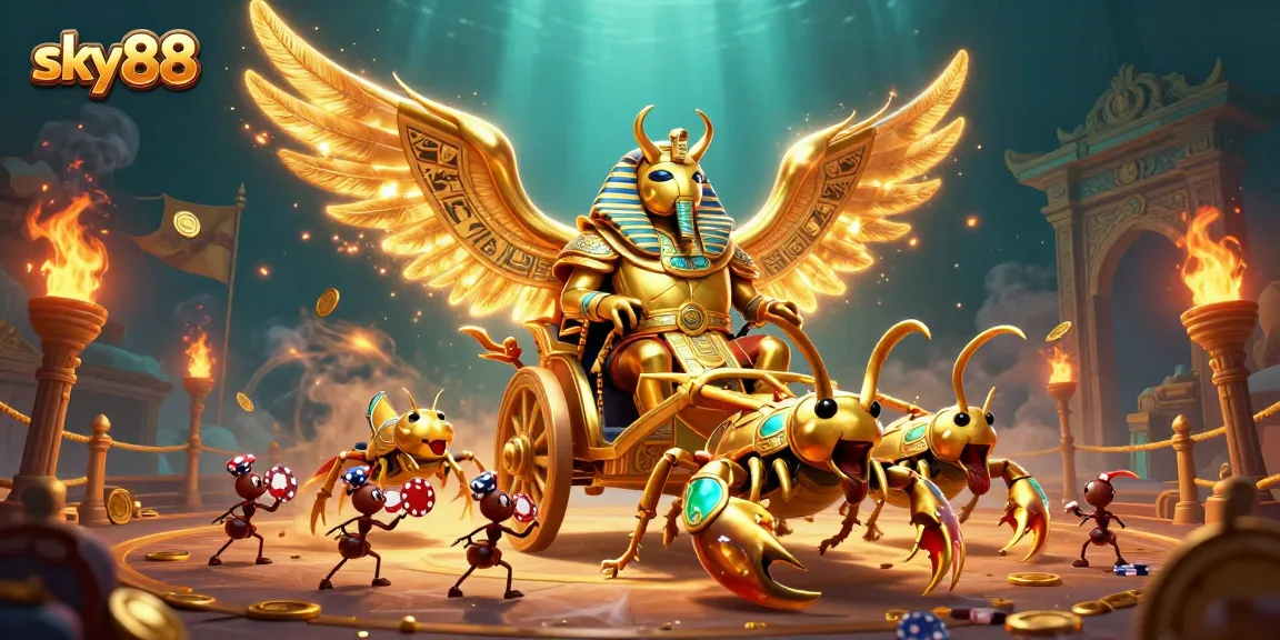 Experience thrilling gameplay at sky88 with a massive golden scarab and scorpions in a dynamic casino scene.