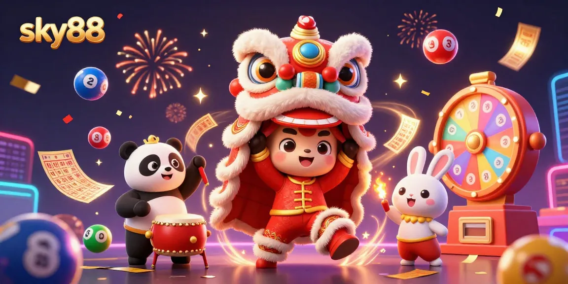 Experience thrilling moments with sky88 in a vibrant lottery-themed celebration illustration.