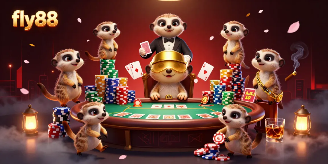 Experience the excitement of fly88 with colorful chips and dynamic meerkat dealers in this vibrant casino scene.