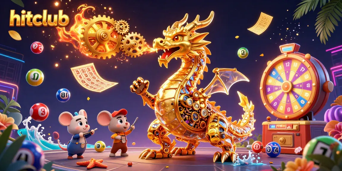 Hitclub captures the excitement of gambling with a lively dragon scene featuring games and prizes.