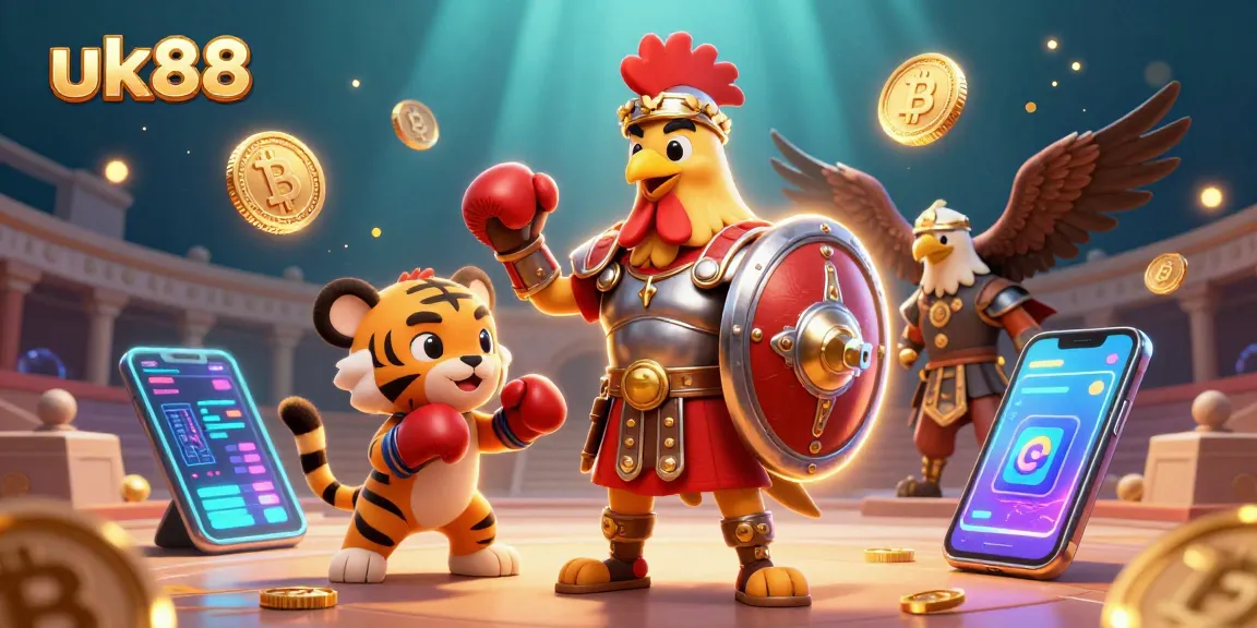 Experience the thrill of the uk88 betting arena featuring a gladiator rooster amidst crypto coins.