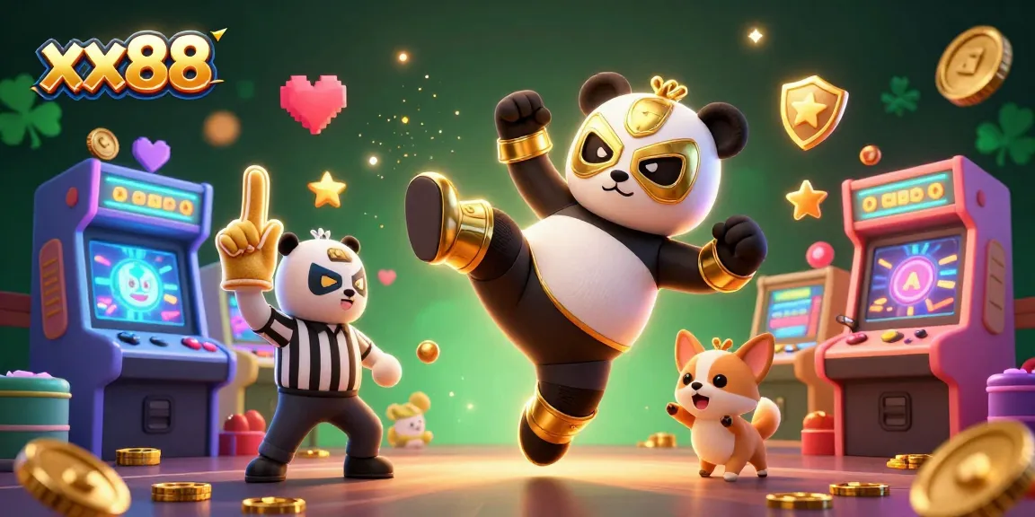 Experience xx88 excitement as a panda wrestler kicks, teamed with a referee chihuahua amidst vibrant game machines.