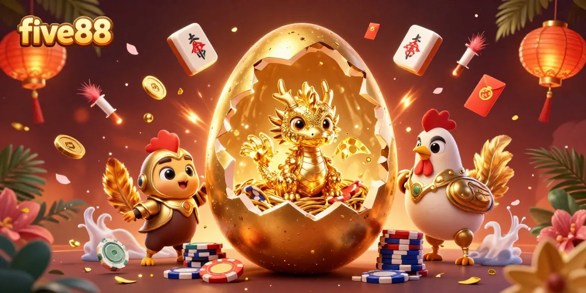 Experience excitement with five88 as a baby dragon emerges from a golden egg amid casino treasures.