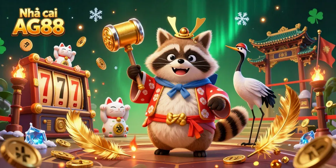 Engage with Nhà cái AG88 in this vibrant 3D casino illustration showcasing festive characters and gold casino elements.