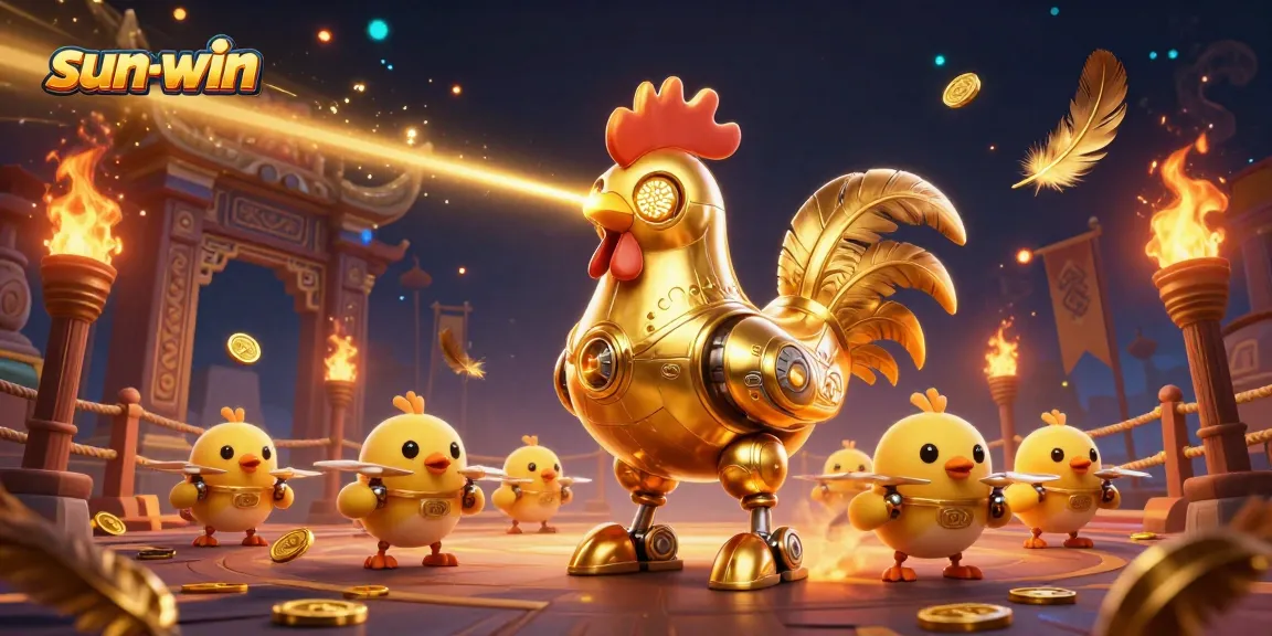 Engage with sun-win's vibrant 3D casino scene featuring a golden rooster robot and drones.