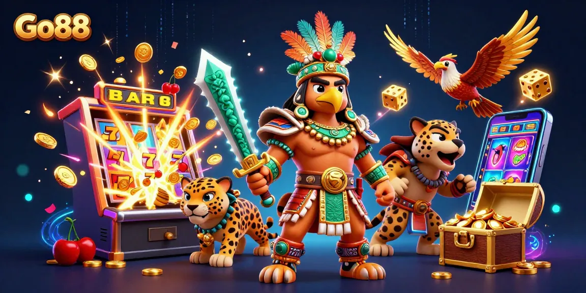 Experience exciting gaming at Go88 with Aztec warriors, dynamic jackpot slots, and colorful casino elements.