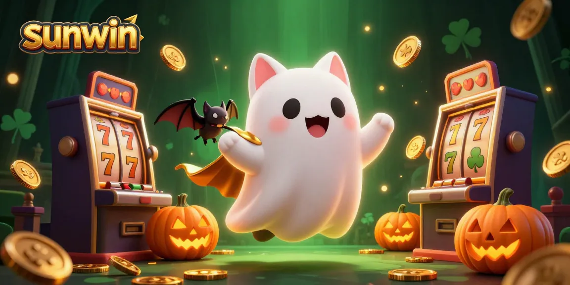 Join the fun at sunwin with a ghost cat and vampire bat in a vibrant haunted casino.
