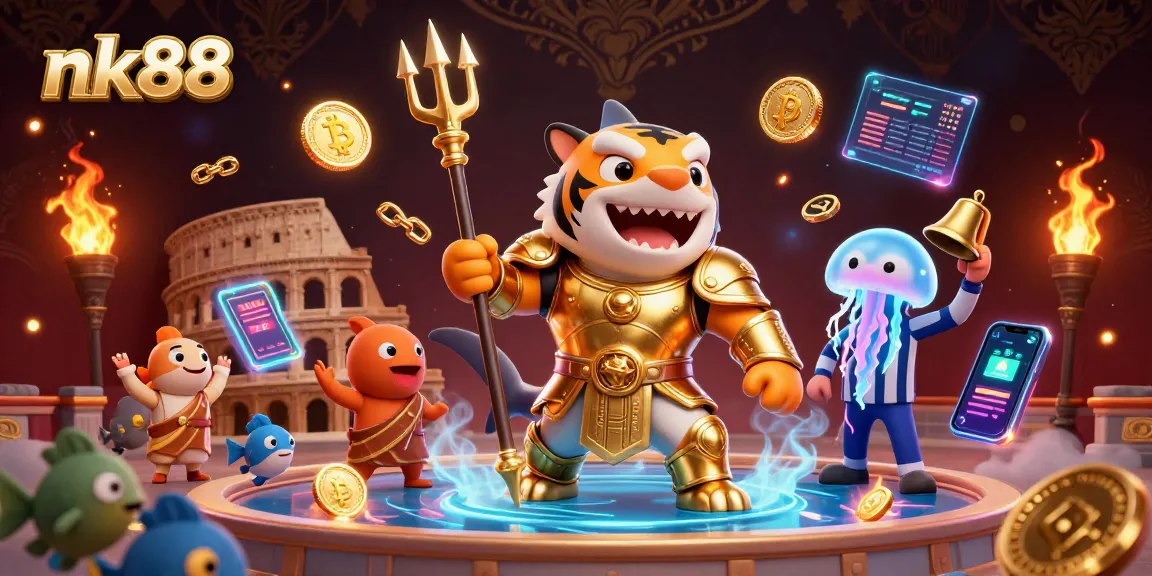 Experience thrilling gaming action with nk88’s vibrant underwater casino scene featuring a tiger shark and crypto elements.