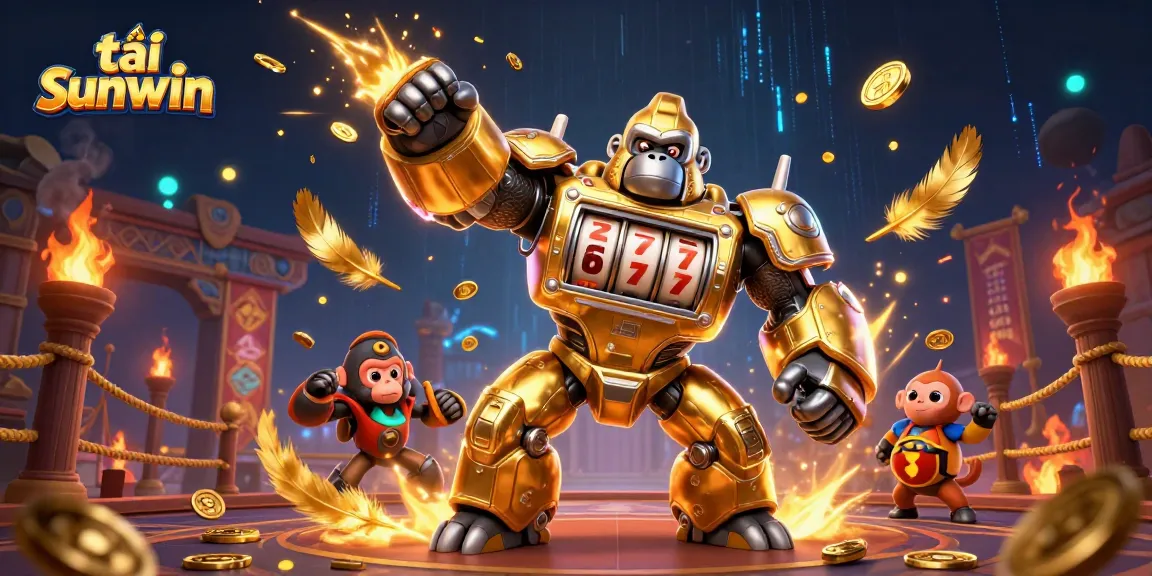 Play and win with tải sunwin in a vibrant, dynamic online casino scene featuring a golden gorilla mech.